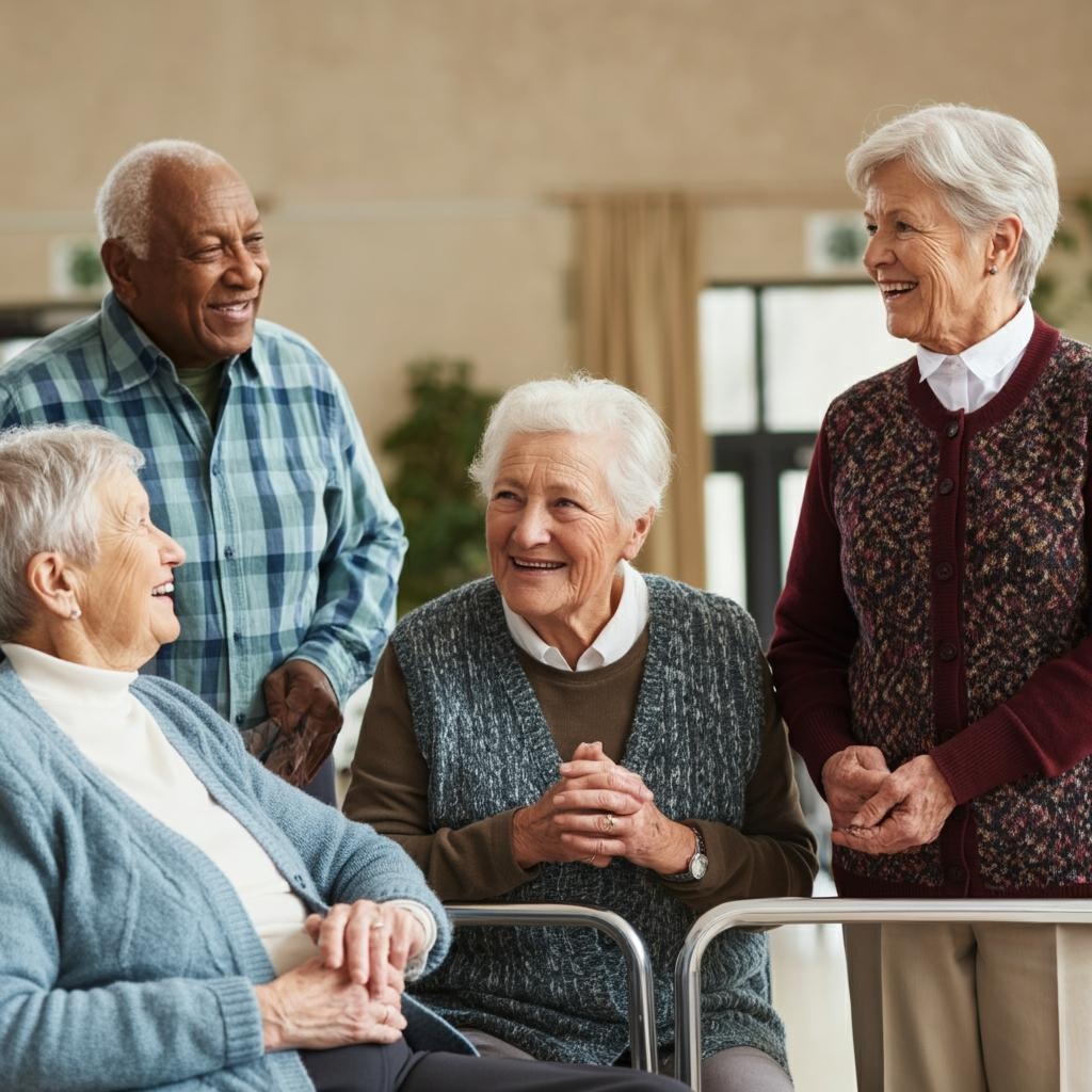 4 older adults at a senior center having a conversation