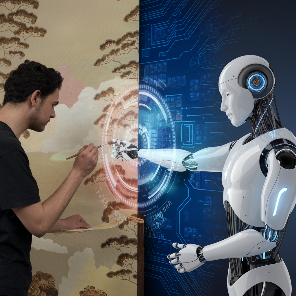 an image with a human on the left side and a robot on the right side working together on an image