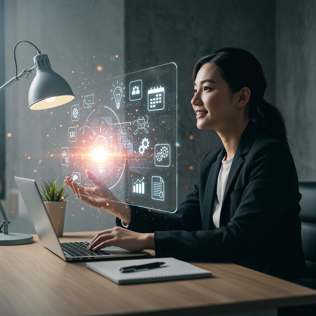 An office setting where an AI-powered hologram is assisting a professional. The hologram is glowing and casting a magical, ethereal light filled with ideas and icons representing creativity (like lightbulbs), organization (like calendars and charts), and productivity (like gears and checklists). The professional looks inspired and engaged, with a laptop and a tidy desk surrounded by a subtle aura of technological innovation.