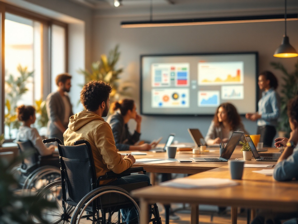 People collaborating at a conference table with slides projected on a screen. One person is in a wheelchair. Everyone is looking at the speaker