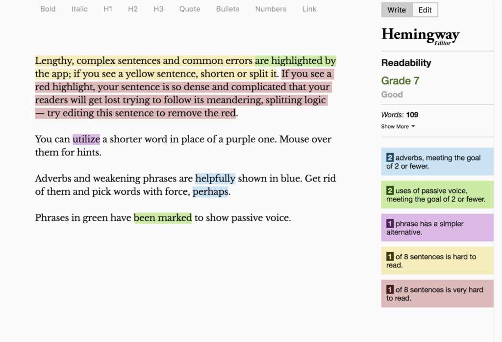 screenshot of the hemingway app with sentences highlighted